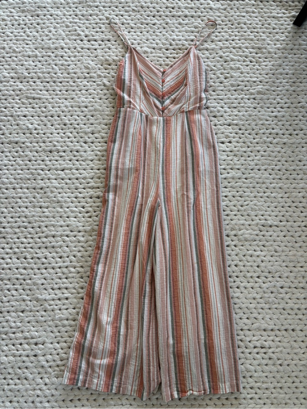 Vintage, Boho Chic Striped Pink, Cream & Green Wide-Leg Jumpsuit